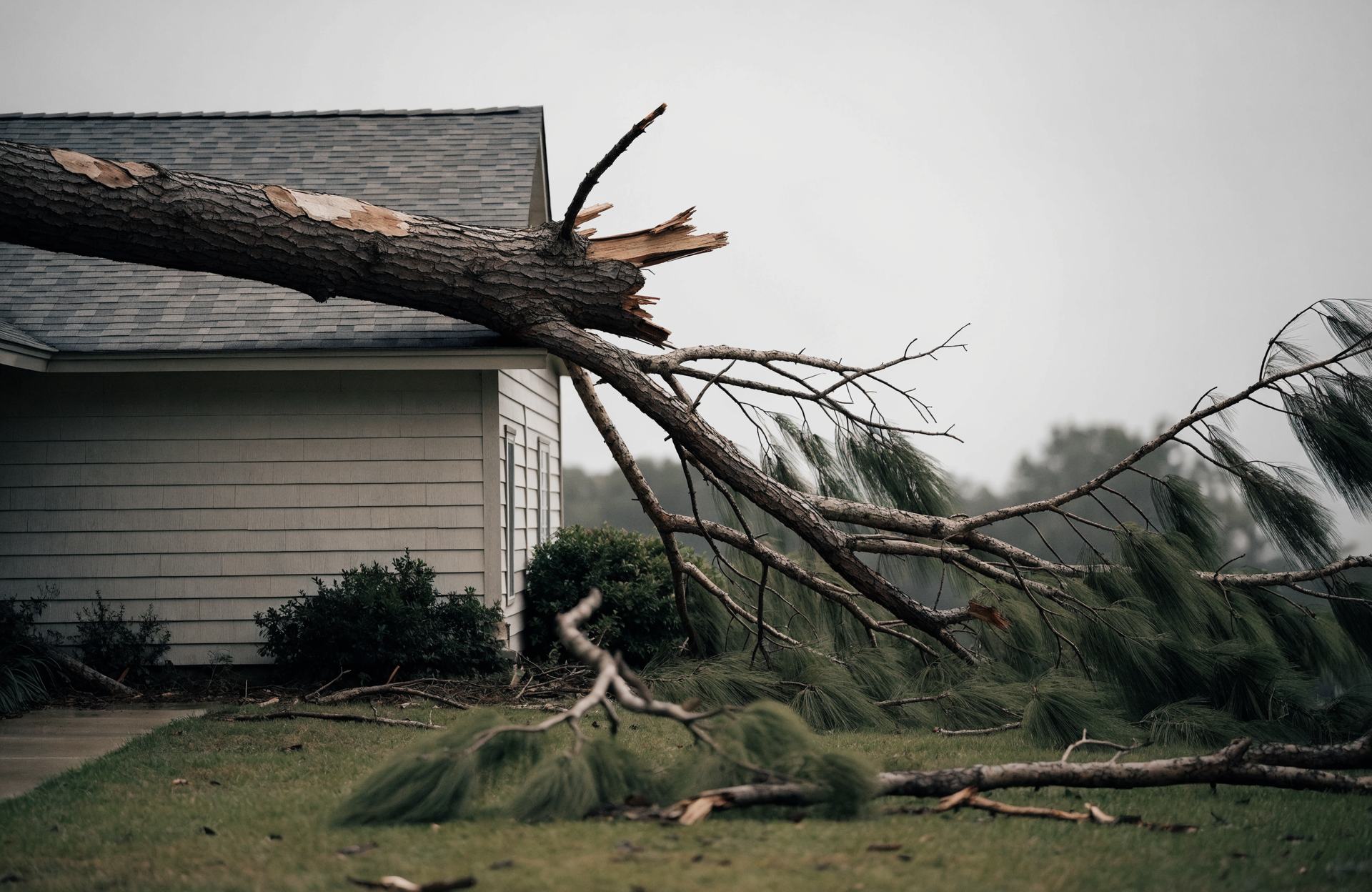 Storm-felled pine across the roof of a house in Pooler, GA